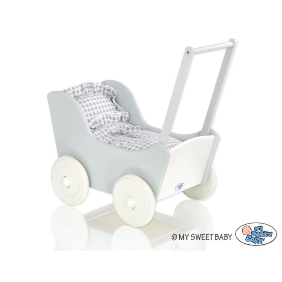 Wooden Doll Stroller Gray-White White Gray Checkered