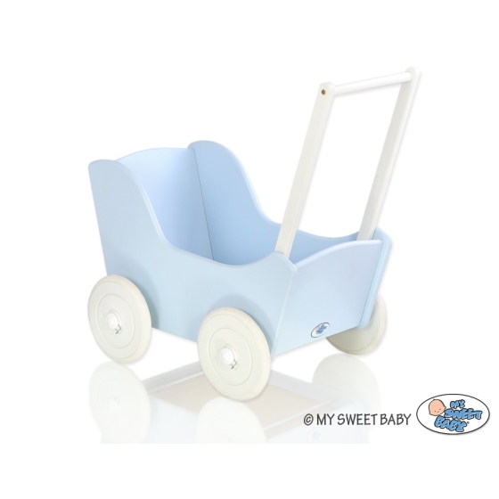 Wooden Doll Stroller Pram Blue