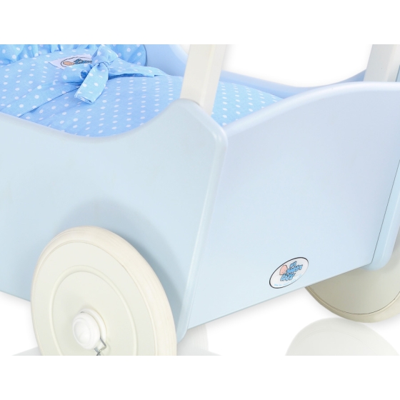 Wooden Doll Stroller Pram Blue Bedding Set White Dots on Blue