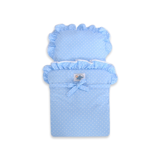 Wooden Doll Stroller Pram Blue Bedding Set White Dots on Blue