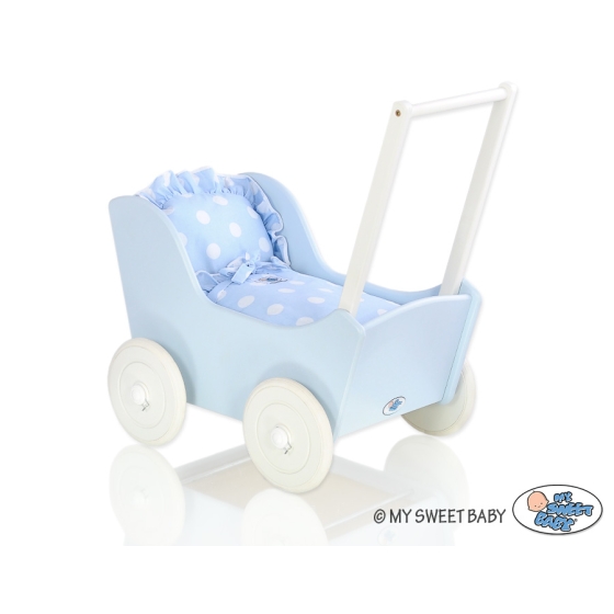 Wooden Doll Stroller Pram Blue Blue with Big White Dots