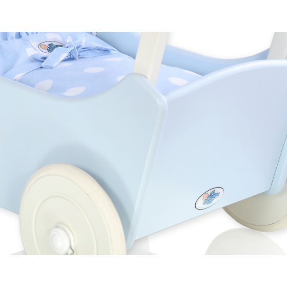 Wooden Doll Stroller Pram Blue Blue with Big White Dots