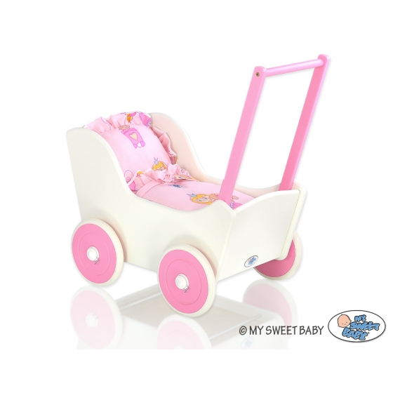Wooden Doll Stroller White-Fuchsia -558
