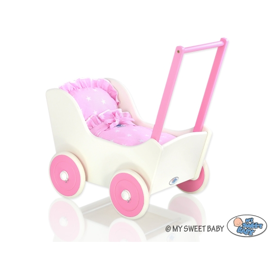 Wooden Doll Stroller White-Fuchsia -719