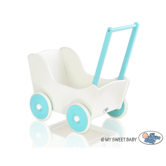 Wooden Doll Stroller White with Turquoise