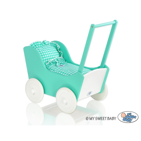 Wooden pram for Dolls with Bedding Set Mint White -621