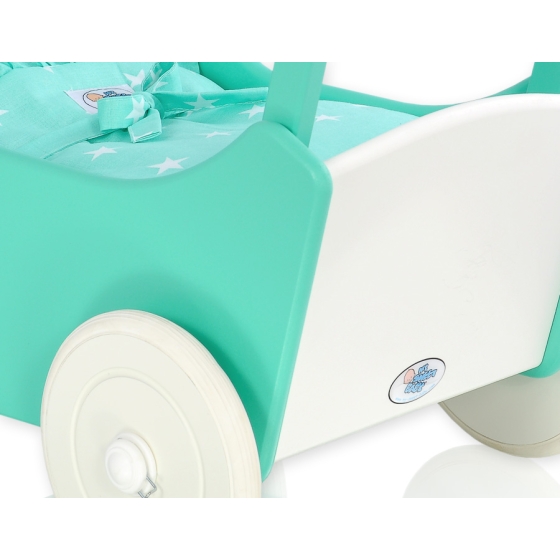 Wooden pram for Dolls with Bedding Set Mint White -717