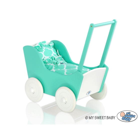 Wooden pram for Dolls with Bedding Set Mint White -724