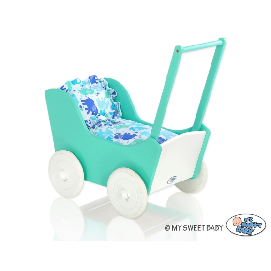 Wooden pram for Dolls with Bedding Set Mint White -734