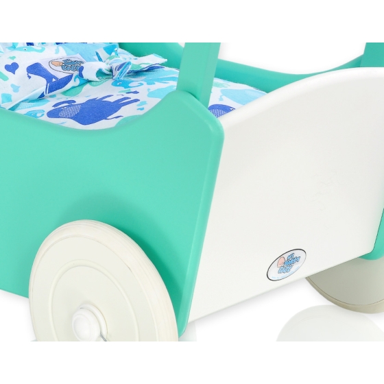 Wooden pram for Dolls with Bedding Set Mint White -734