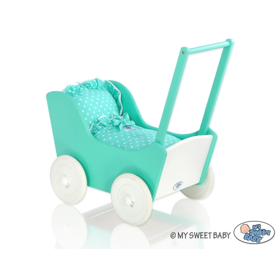 Wooden pram for Dolls with Bedding Set Mint White Bedding Set White Dots on Mint
