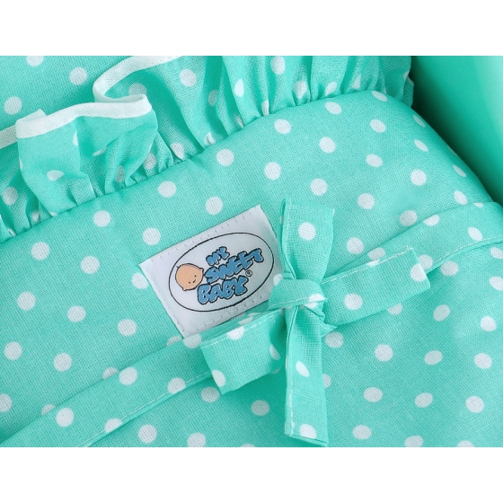Wooden pram for Dolls with Bedding Set Mint White Bedding Set White Dots on Mint