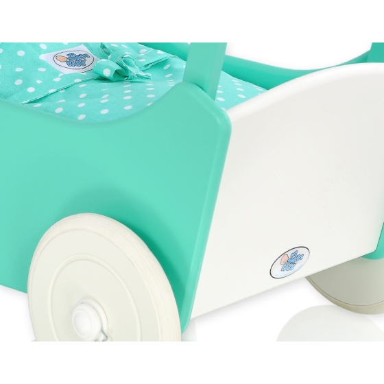 Wooden pram for Dolls with Bedding Set Mint White Bedding Set White Dots on Mint