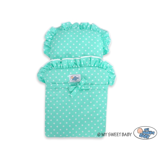 Wooden pram for Dolls with Bedding Set Mint White Bedding Set White Dots on Mint